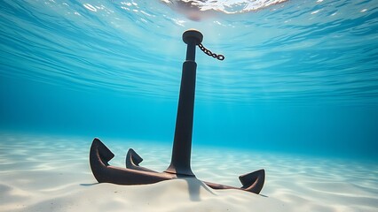 taut. A heavy rusted iron anchor embedded in sandy seabed with a taut chain leading upwards. mobility guides, transit brochures, designed for mobility and urban transit guides.
