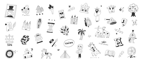 History doodles hand drawn objects and characters for kids education , isolated vector elements