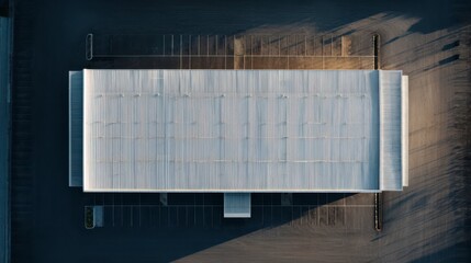 Aerial View of Modern Architecture: A stark, yet elegant architectural composition is revealed from above. Clean lines and geometric forms define the building.