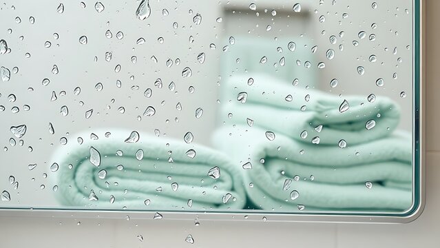 moisture. Water droplets on mirror with neatly arranged mint green towels. lifestyle magazines, social media lookbooks, designed for lifestyle magazines and social media content.