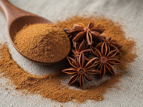 Ground cinnamon powder in a wooden spoon and whole star anise pods on rustic fabric, showcasing warm colors and textures of popular spices
