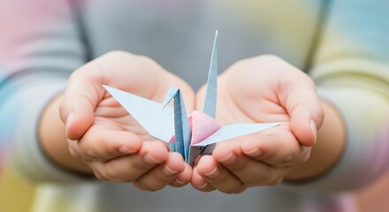 Hands holding a delicate origami paper crane, symbolizing hope and peace