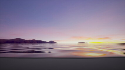 Obraz premium Soft hues of orange and purple blend across the sky as the sun rises over a serene lake. Gentle ripples disturb the smooth water, creating a peaceful scene of natural beauty.