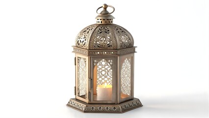 Ornate Arabic Brass Lantern with Lit Candle