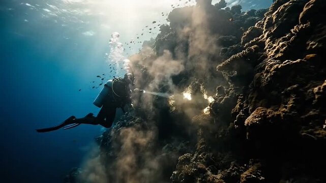 A diver explores a coral reef underwater with a bright light.