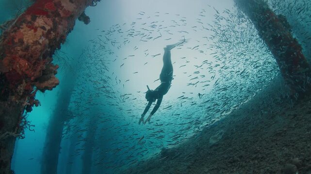 Female freediver swims underwater through the cloud of tiny bait fish among the stilts covered with corals. Person freediving under an old pier