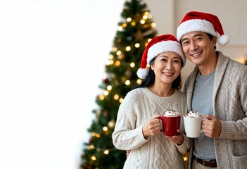 Happy middle aged couple in Santa hats holding mugs of hot chocolate, standing by decorated Christmas tree with lights and copy space for holiday greeting or banner.