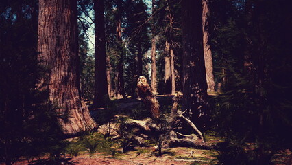 Sunlight filters through tall trees in a serene forest, highlighting an unusual creature in the distance. Lush greenery surrounds the area, creating a peaceful and magical atmosphere.