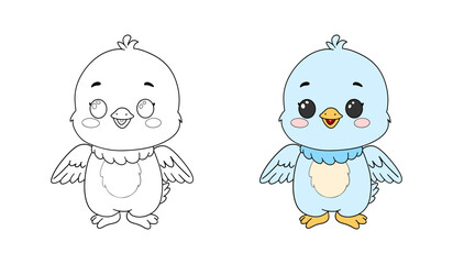 Adorable Kawaii Style Blue Bird Chick Outline and Colored Illustration
