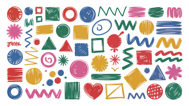 Collection of colorful hand drawn doodle shapes and abstract elements like circle, square, triangle, heart, and scribble lines