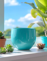 Turquoise Ceramic Pot with Succulents on White Windowsill Against Sunny Sky