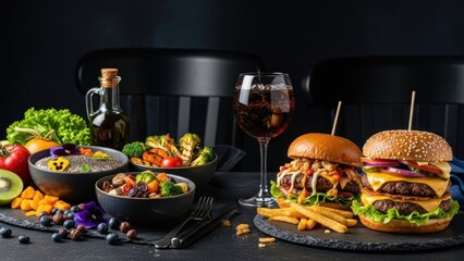 Gourmet burgers and healthy bowls on a dark dining table with fries and drinks, showcasing a diverse menu selection