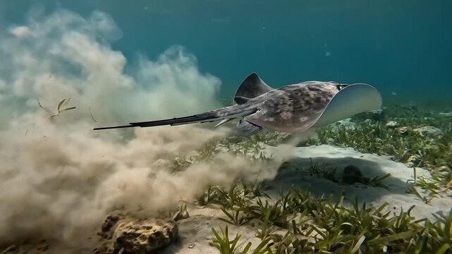 A stingray glides through clear underwater water, stirring up sand and debris.