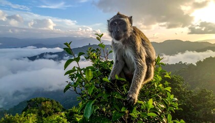 Monkey perched on a lush green tree branch overlooking a misty mountain landscape at sunrise.