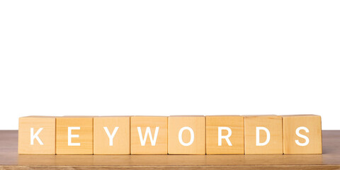 Wooden blocks with keywords word for seo marketing concept, isolated on transparent background