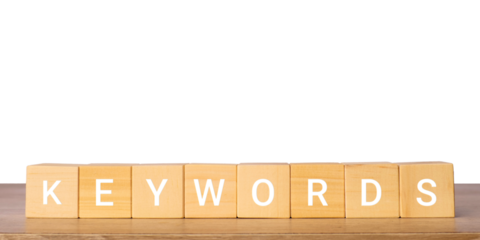 Wooden blocks with keywords word for seo marketing concept, isolated on transparent background