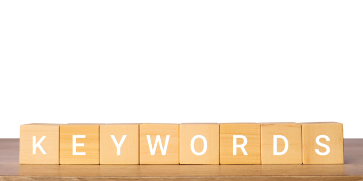 Wooden blocks with keywords word for seo marketing concept, isolated on transparent background