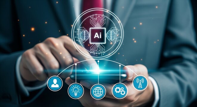 AI Brain Hologram Above Smartphone — User, Lightbulb, Globe, Gears and Antenna Icons