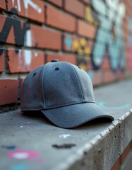 Urban Still Life: Gray Baseball Cap on Graffiti-Covered Brick Wall Ledge