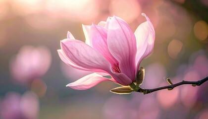 Close-up of a beautiful pink magnolia flower in bloom, set against a soft, blurred background with warm sunlight.