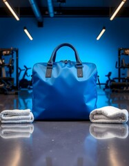 Vibrant Blue Gym Bag with Towels in Modern Fitness Center Setting