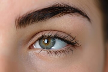 Obraz premium Woman is showing beautiful green eye with long black lashes and perfect eyebrow makeup