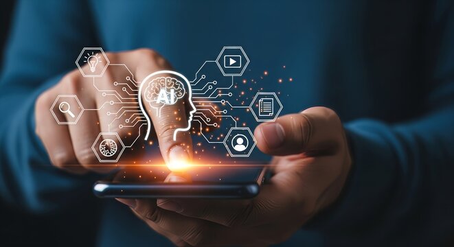 AI Head Hologram Over Smartphone — Brain Emblem with Lightbulb, Magnifier, Play, Document, Globe, User Icons - Powered by Adobe