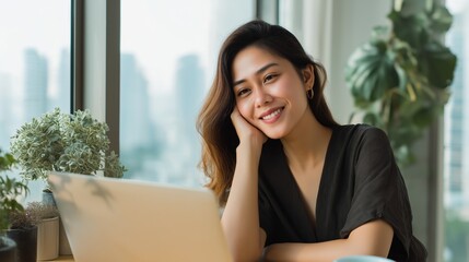 Fototapeta premium A young Filipino woman smiles while working on her laptop in a bright, modern home office. Green plants add a fresh touch as she enjoys her productive day