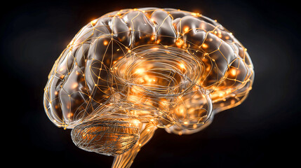 human brain in black background glowing futuristic digital brain hologram