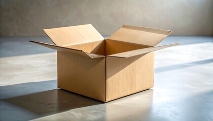 Open cardboard box on floor with sunlight creating shadows.