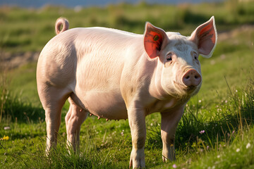 Fototapeta premium Pink Pig Standing in a Grassy Field on a Sunny Day