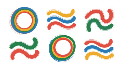 Obraz premium Set of six abstract colorful brush stroke design elements including circles and wavy lines in vibrant primary and secondary colors