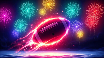 Glowing American football flying in night sky with colorful fireworks. Exciting game event celebration, sport, championship, Christmas holiday concept.