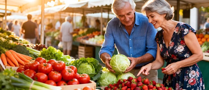 An elderly couple happily shopping for fresh produce at a vibrant outdoor farmers' market on a sunny day.