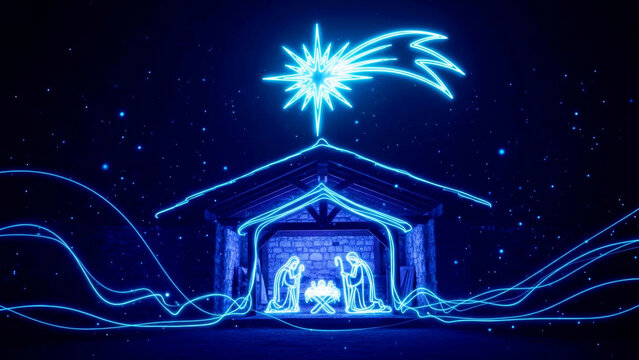 Neon nativity scene with shining star. Birth of Jesus Christ symbol. Modern Christmas greeting card background. Blue glow light art design.