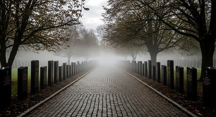 Fototapeta premium Soft fog over an empty memorial path for a serene and reflective scene