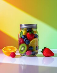 Vibrant Fruit Infusion: Jar of Fresh Berries, Citrus, and Kiwi on Colorful Background