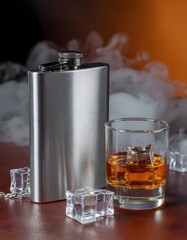 Whiskey Still Life: Flask, Glass, Ice, and Smoky Backdrop