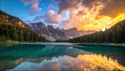 Scenic landscape of a mountain lake reflecting the sunset sky and surrounding mountains and trees.