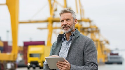 A confident businessman stands by the busy port, surrounded by towering cranes and shipping containers. He actively engages with his tablet, coordinating logistics and ensuring efficient operations