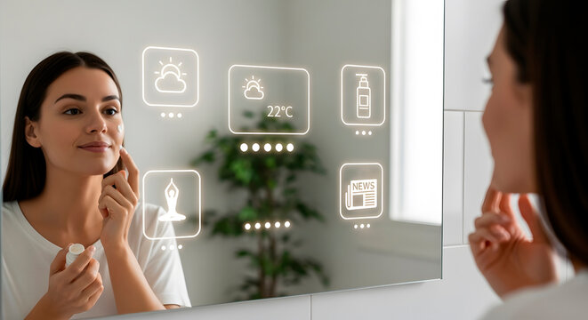 Woman applying face cream, interacting with smart mirror showing various widgets for modern living and morning routine. - Powered by Adobe