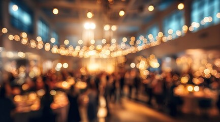 Abstract blurred background of a bustling indoor event with warm ambient lighting creating a festive atmosphere. High quality