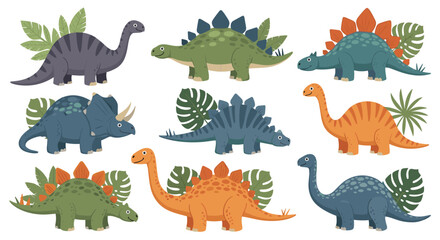Fototapeta premium A collection of cute cartoon dinosaurs of various species and colors, illustrated with tropical leaves on a white background.