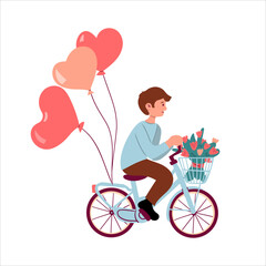 Man riding blue bicycle and holding red heart balloons and flower. Happy Valentine's Day. Colorful vector illustration isolate on white , hand drawn flat illustration for card and web design .