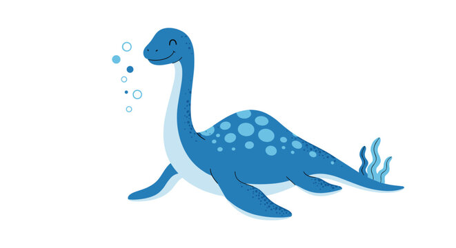 A cute blue cartoon plesiosaur with spots swims happily in the water, blowing bubbles, with seaweed nearby.