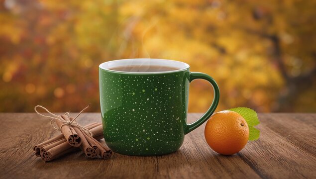 Warm autumn drink with citrus cinnamon and cozy wooden backdrop