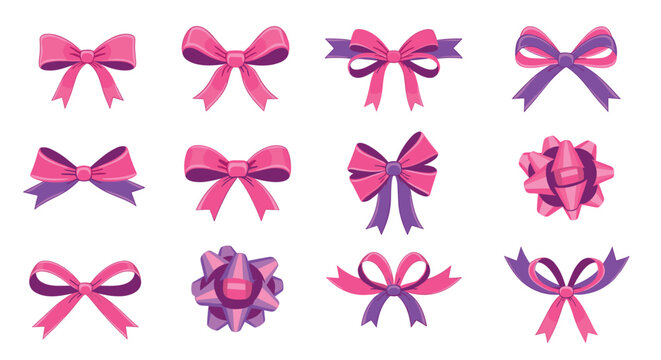 A collection of cute and colorful pink and purple gift bows in various styles and shapes, perfect for celebrations and decorative packaging.
