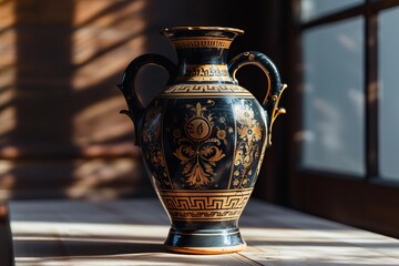 Ancient greek vase with ornate gold and black pattern standing on wooden surface with sunlight