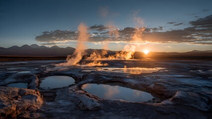 Steaming geysers erupting softly from the barren Atacama altiplano at sunrise, mineral-encrusted pools reflecting fiery orange skies over cracked volcanic soil, distant Andean peaks