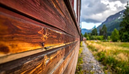 Rustic Wooden Train Car Side with Blurry Mountain Landscape and Tracks.